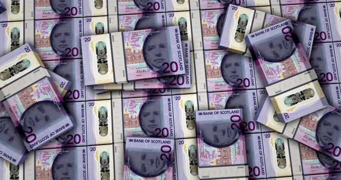 Scotland pound sterling Scottish money banknotes 3d animation. Scotch 20 GBP packs concept of inflation, economy, crisis, business, banking, debt and finance.