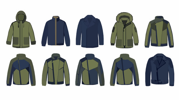 Outerwear clothing doodle vector icons set including raincoat parka windbreaker peacoat and motorbike jacket line art