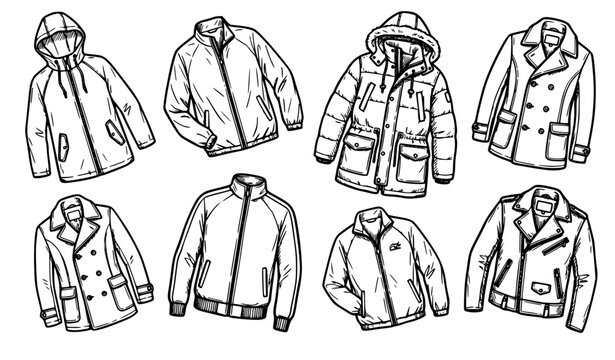 Hand drawn outerwear doodle illustration set with winter coats jackets windbreaker and raincoat line vector art