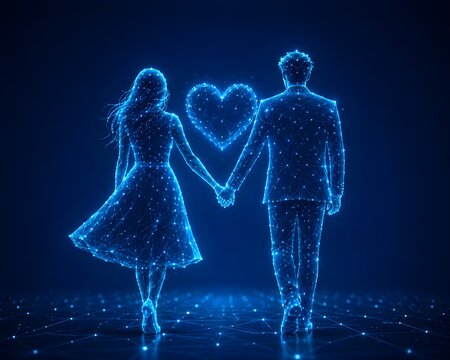 Digital couple holding hands forming heart shape wireframe art. national girlfriends & valentine's day with wireframe abstract connection. national girlfriends & valentine's day