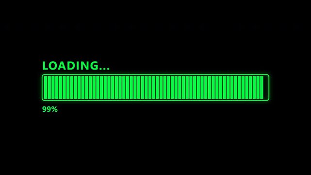 Green digital loading bar at ninety nine percent. Progress status indicator on black background.