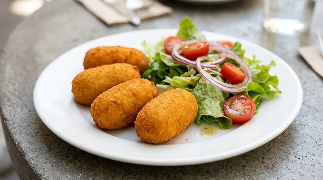 Four golden fried croquettes served on a white plate with a side salad of lettuce, cherry tomatoes, and sliced red onion rings