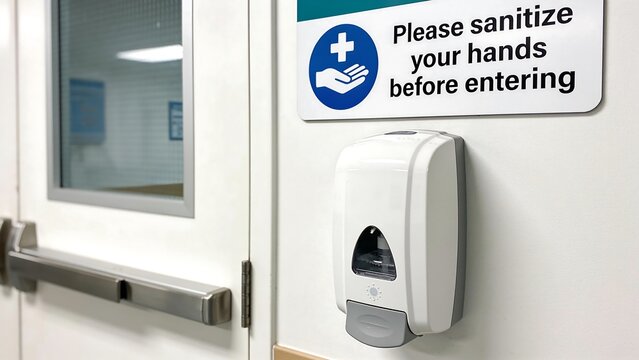 Generative AI depicting a hygiene station with a hand sanitizer dispenser and sanitization sign in