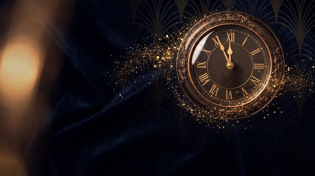 Elegant clock glowing with sparkles against dark ornate background with midnight