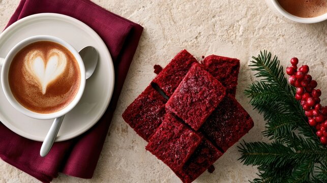 Festive red velvet brownies with latte and holiday decor on beige surface