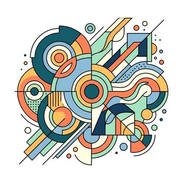 Abstract Geometric Composition Vector Art Illustration with Colorful Circles and Lines