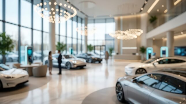 blurred wide angle shot of luxury electric vehicle showroom with modern architecture and bright lighting.
