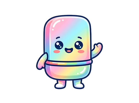 Cute rainbow pill character waving in pixel art style