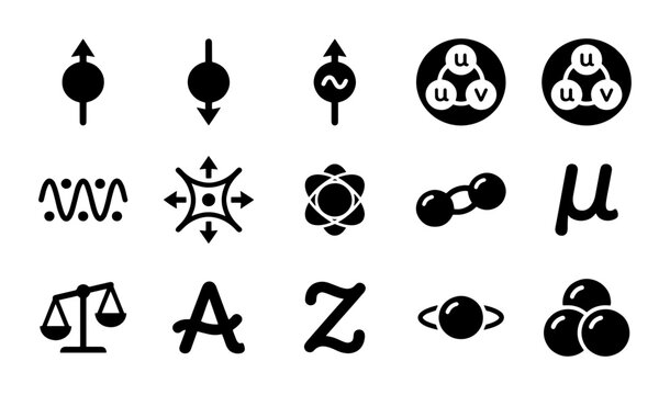 Quantum physics icons set, 15 black vector symbols of subatomic particles and atoms, scientific research and nuclear theory elements