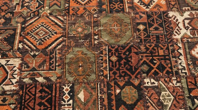Patchwork rug with traditional oriental patterns in orange, black, green, and cream colors