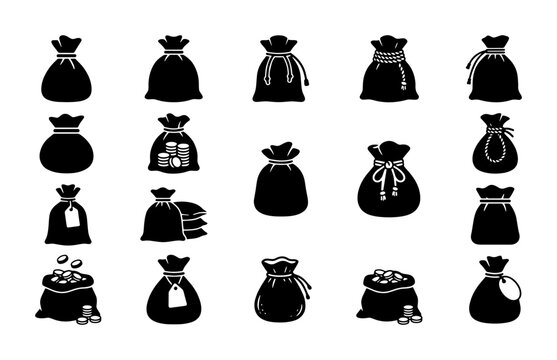 Money bag silhouette icons, 20 black sack vector elements, financial currency pouches, bank loot and treasure bags set