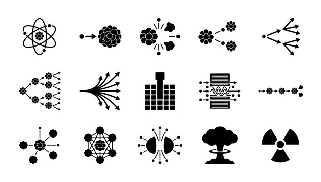 Nuclear energy icons set, 15 atomic physics vector symbols, radioactive power and science diagrams, black silhouette icons