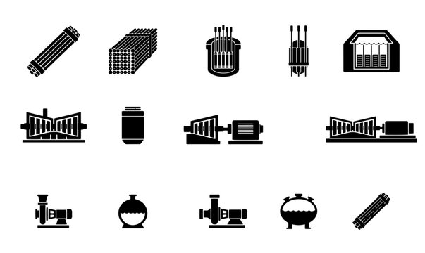 Industrial nuclear power plant icons, 15 black vector silhouettes of energy reactor components and machinery equipment