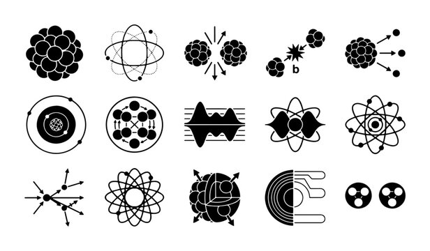 Scientific atom icons set, 15 black nuclear physics vector symbols, molecular structure and quantum energy signs for education