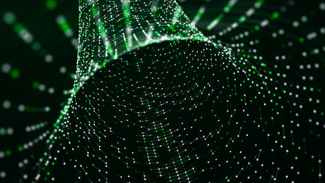 Digital binary data tunnel. Abstract connection of dots and lines on dark background. Concept of network. 3D