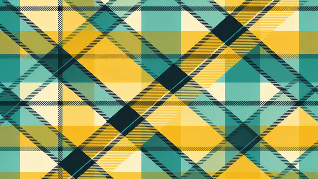 Bold seamless tartan plaid cross weave wallpaper pattern in mustard and teal, clean vector style