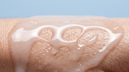 Fototapeta premium Clear hydrating gel or cosmetic serum with bubbles spread on human skin surface.