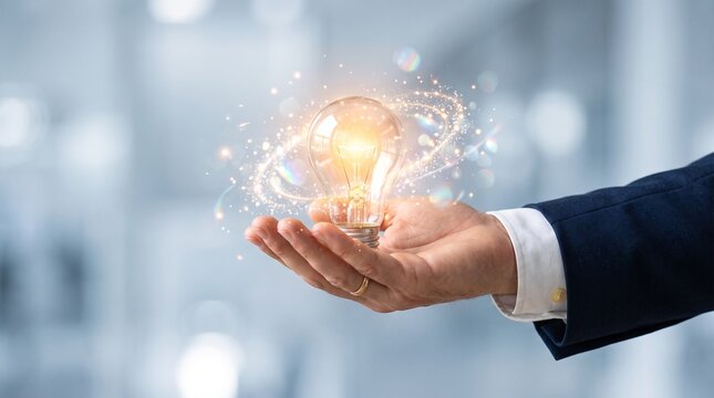 Hand holding glowing light bulb with network icons