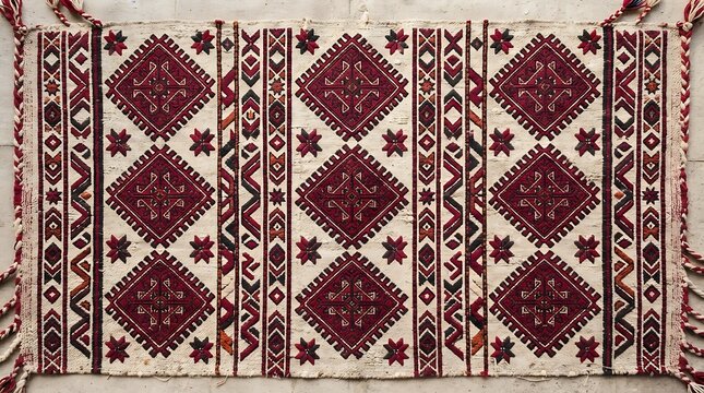 Traditional handmade kilim rug with geometric patterns and red diamond motifs