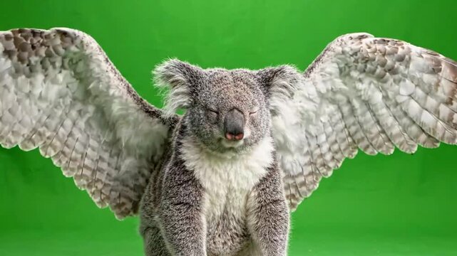 Low-angle shots of koala spreading wings on green background
