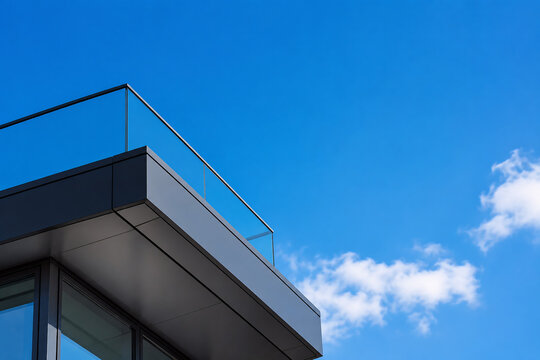 Moderne Geb&auml;udeecke mit Glasgel&auml;nder vor blauem Himmel