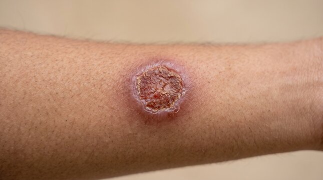 Macro close up of a round crusted lesion of nummular eczema or tinea ringworm infection on a human arm.