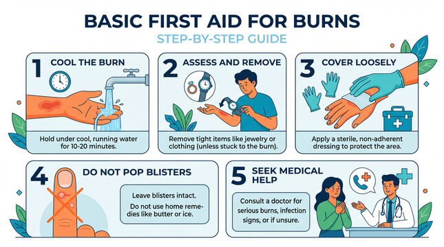 Illustrated step-by-step guide for basic first aid for burns, featuring five clear instructions with visuals for each step, including cooling, assessing, covering, and seeking medical help