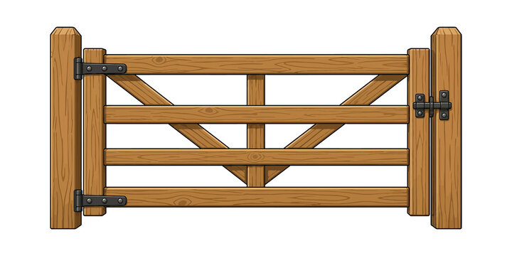 Rustic Wooden Farm Gate Vector Illustration Isolated on White Background for  Rustic wooden farm gate with sturdy timber posts, horizontal wooden rails, diagonal support braces, metal hinges.