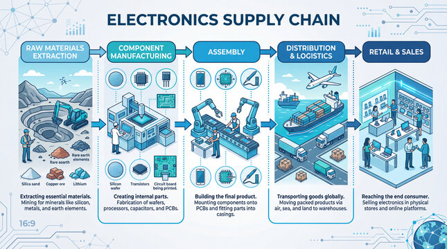 Infographic illustrating the electronics supply chain process from raw materials extraction to retail and sales, featuring detailed stages and visual elements for each phase