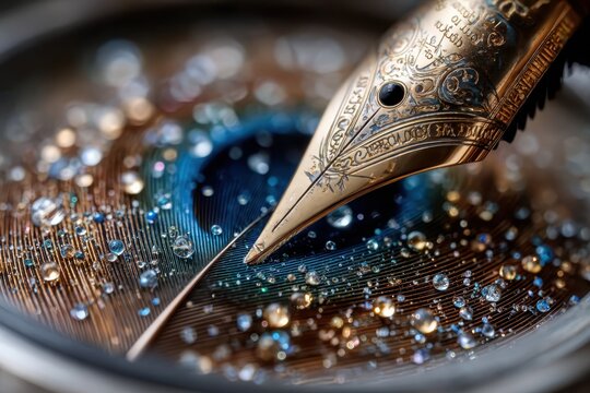 Intricate fountain pen nib on a colorful ink surface with droplets reflecting light