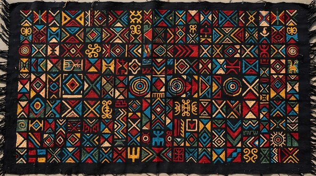 Traditional african textile with colorful geometric adinkra symbols and patterns on black fabric