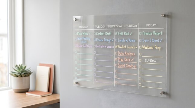 Acrylic weekly planner on wall showing business strategy, content draft, and team meeting schedules for effective time management and corporate organization.