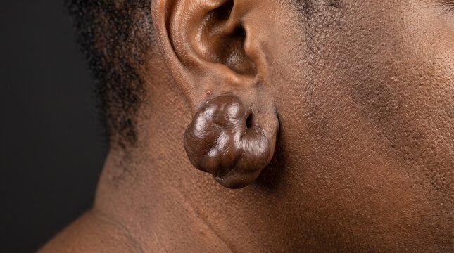 Extreme close up of large keloid scar on african american earlobe, abnormal healing after ear piercing