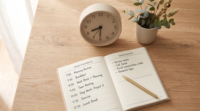 Classic analog desk clock resting beside an open planner diary outlining a detailed professional daily work routine.