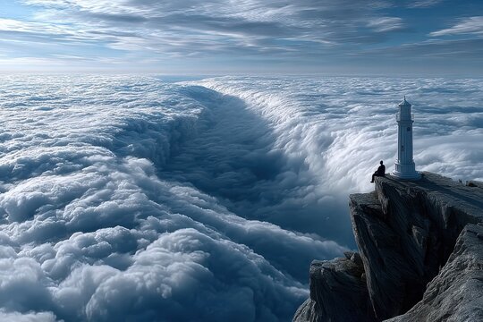 Lone figure sitting by a lighthouse on a cliff above a sea of clouds