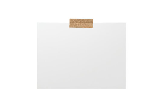 Blank white square paper note fixed with narrow brown tape at the top