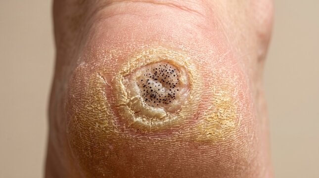 Severe plantar wart verruca on human heel foot skin close up