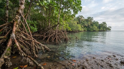 Obraz premium Mangrove forest with tangled prop roots at the ocean edge, tropical coastal ecosystem, lush green trees by calm sea water