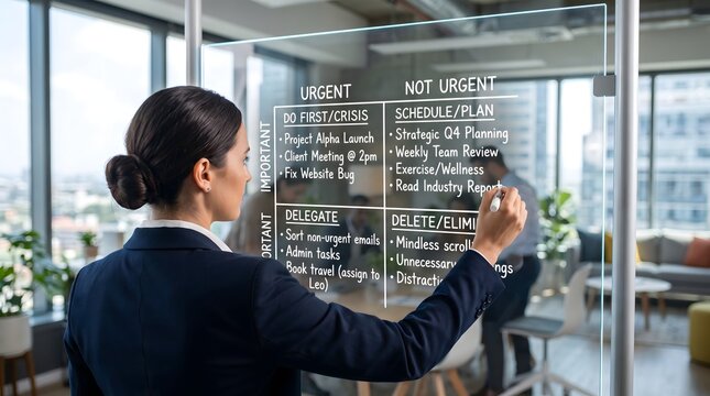 Business strategist drawing an urgent corporate decision making matrix chart on a glass whiteboard during a collaborative team meeting.
