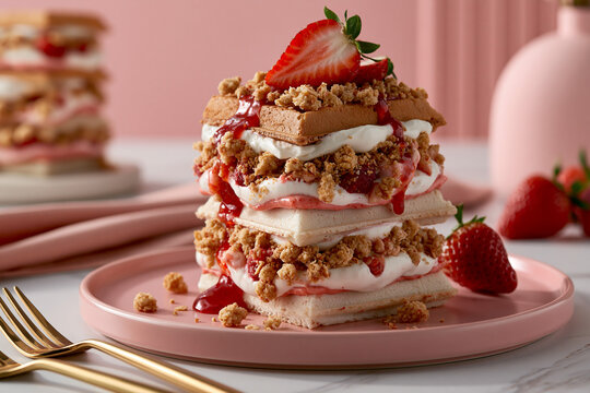 Dessert with layers of cream and fruit on a plate