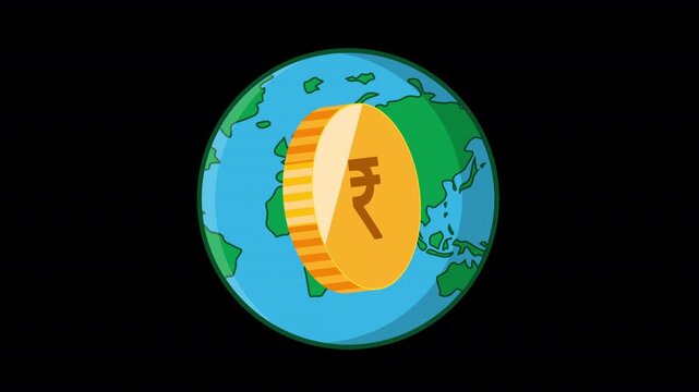 Animated Indian rupee coin rotating over a spinning globe with a transparent background. Seamless 6-second loop for banking, fintech, digital payments, finance, economy, and business projects.