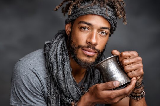 Man holds vintage cup with confident expression in cozy, artistic setting during golden hour
