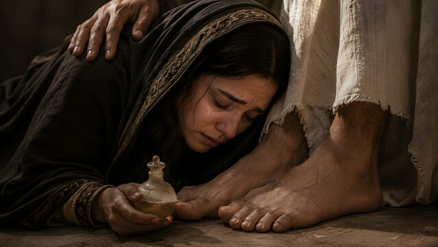 A woman weeping and anointing the feet of jesus with oil in a humble act of devotion and repentance, historical biblical scene