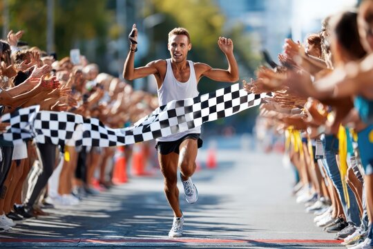 Eager runner crosses finish line surrounded by cheering crowd during a city marathon event