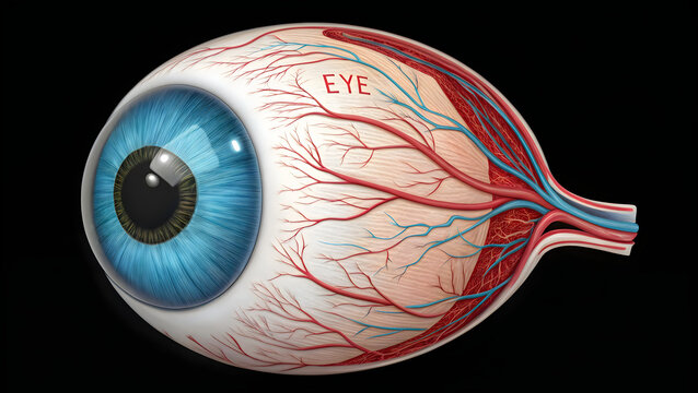 Anatomical cross-section of the human eye showing internal structures and blood vessels