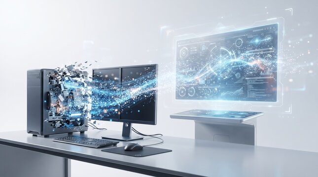Futuristic gaming PC tower exploding with holographic dual monitors data flow on desk