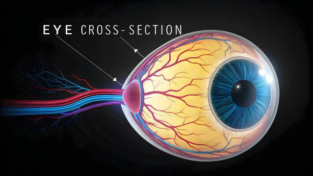 Anatomical cross-section illustration of the human eye showing optic nerve connections