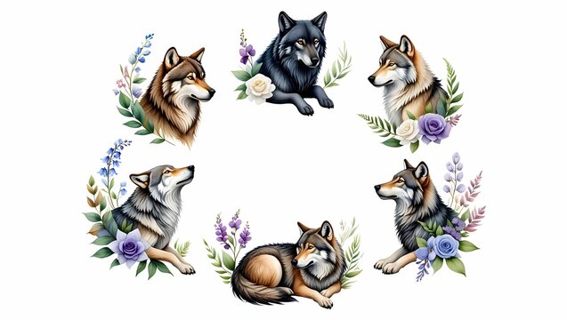 Watercolor illustration of six wolves surrounded by floral wreath elements
