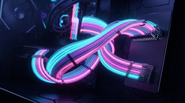 Futuristic RGB Computer Cables with Neon Lighting Inside Gaming PC