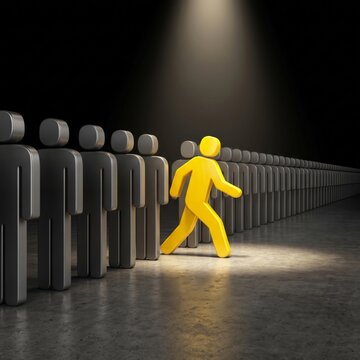 Unique yellow figure stepping out of a crowd of gray figures symbolizing individuality